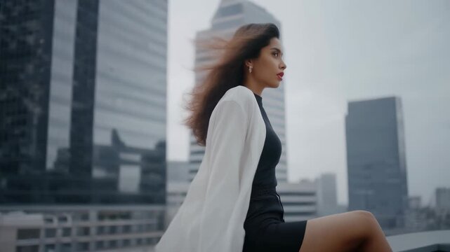 Model sitting on a rooftop ledge overlooking skyscrapers, wind in her hair and a confident urban vibe