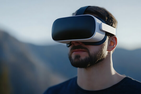 A man wearing a VR headset against the backdrop of mountains, merging technology with nature. Experiencing a virtual world in the real world. Discovering new realities.