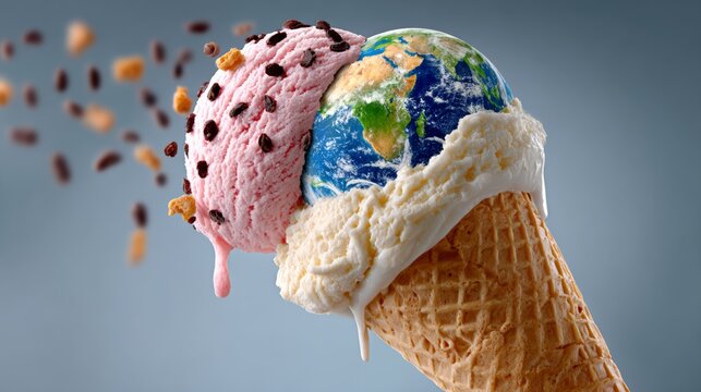 Scoop of ice cream with a chocolate chip on top and a blue planet on top of it
