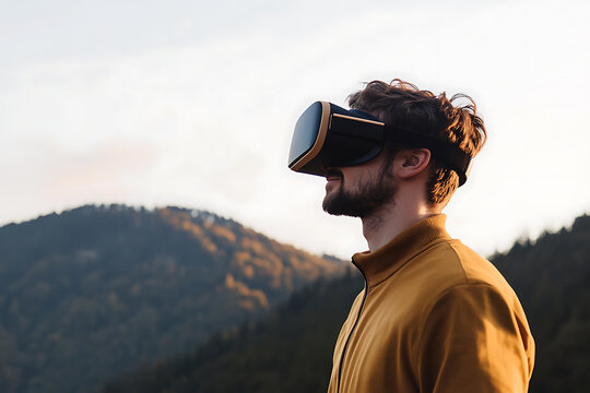 Experiencing augmented reality in nature. A man uses a VR headset with mountain scenery in the background. Exploring digital worlds and the outdoors at the same time.