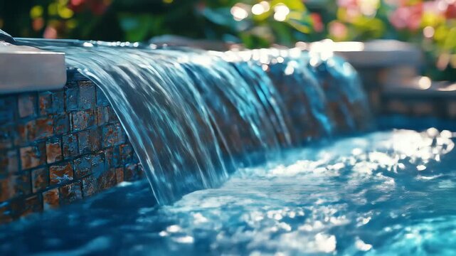 Clear water cascades from a tiled edge into a shimmering pool