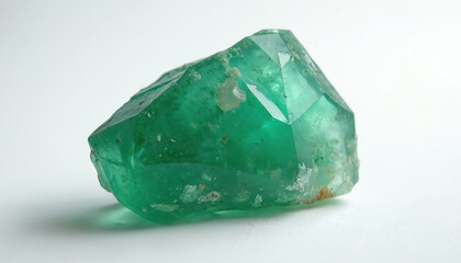 Fototapeta premium Raw green aventurine crystal, natural translucent gemstone with rough texture and inner light sparkle. Earth mineral for healing, meditation, and prosperity.