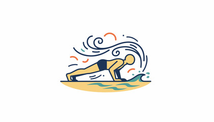 Man doing a push up exercise on a sandy beach next to a breaking wave, illustrating fitness, strength, and outdoor workout at the sea, presented on a transparent background