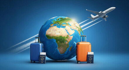 Digital image of globe with blue suitcase, orange suitcase, passport, ticket and airplane, representing international travel and global destination