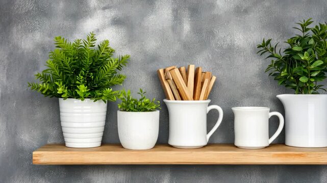 A cozy shelf setup features various plants and kitchen items adding warmth to the space, perfect for home decor inspiration