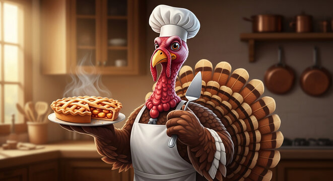 Illustration of turkey wearing a chef hat and apron, holding apple pie and serving slice, representative Thanksgiving dinner preparation, cooking