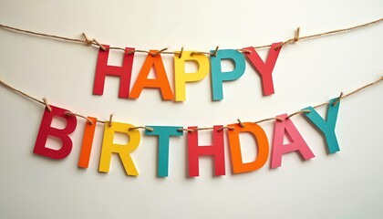 Colorful paper letters spell out Happy Birthday on strings. Simple festive decoration for parties and celebrations. Handmade text banner for events, cheerful holiday announcement.