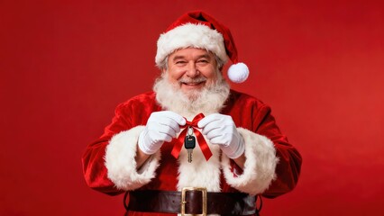 Joyful man dressed as Santa Claus, holding car keys tied with a red ribbon, smiling against a vibrant red background, embodying festive spirit and holiday cheer