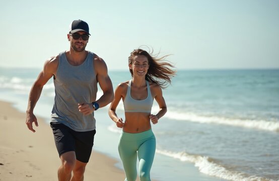 Young couple runs on sandy beach by ocean. Man, woman jog along sea coast, enjoying fitness activity. Embrace sunny weather, healthy lifestyle, training together under bright sky, staying fit for