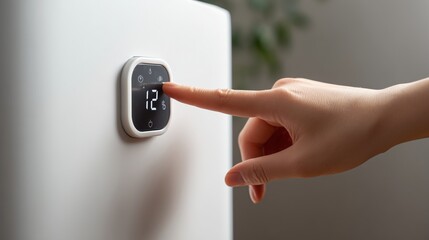 Woman hand setting humidity control on air humidifier. Healthy air at home or office for comfort and well-being. Modern technology for climate control.