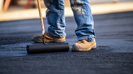 Working hard to seal asphalt with a roller. The man wears work boots and jeans as he focuses on the task at hand, smoothing the surface for a fresh and durable finish.