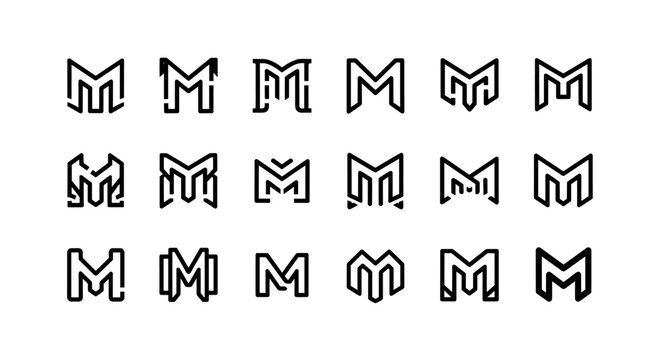 A collection of stylized letter M logos, presented in a grid format with subtle 3D effects and varying perspectives, ideal for branding, graphic design, and digital applications, showcasing modern