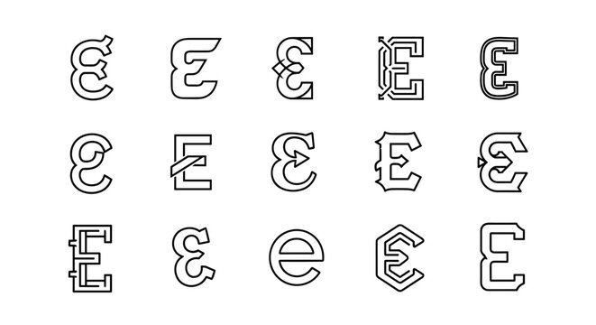 A collection of stylized letter E graphics in various artistic and decorative designs, presented in a clean, white outline on a black background, showcasing unique typography and graphic design