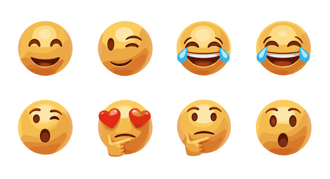 Collection of eight expressive 3D rendered emojis on a black background, showcasing a variety of emotions including happiness, laughter, love, contemplation, surprise, and a wink, perfect for digital