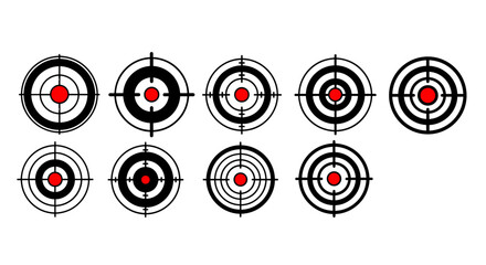 Collection of ten different target designs with red bullseyes and white concentric circles, set against a stark black background, symbolizing accuracy, focus, and precision in shooting sports or