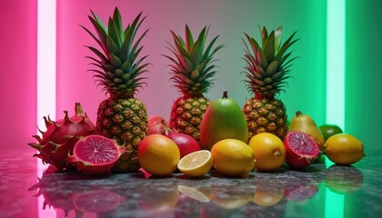 Assorted fresh exotic fruits arranged artfully on reflective surface under vibrant neon pink, green lights. Variety of tropical produce including pineapples, dragon fruits, lemons, pears create