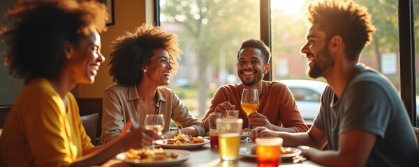 Four diverse friends laugh heartily while enjoying drinks and food at an indoor restaurant table. They share joyful moments during a pleasant meal together, creating warm connections.