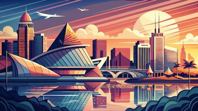 Very beautiful Milwaukee vector travel poster in cinematic minimal landscape art style, featuring the city skyline along Lake Michigan, modern architecture, and warm sunset tones capturing Wisconsin&rsquo;s