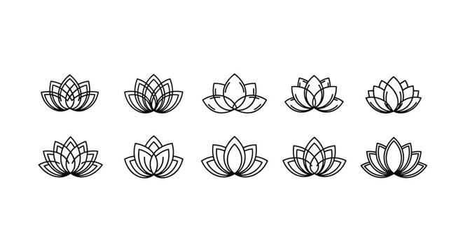 A collection of delicate, minimalist lotus flower line art icons, presented in a grid formation on a stark black background, symbolizing purity, enlightenment, and tranquility, perfect for wellness