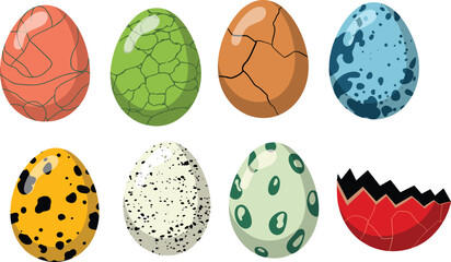 Egg vector illustration set, eight stylized colorful designs with cracks, spots, speckles, white background for fantasy, nature, and design concepts