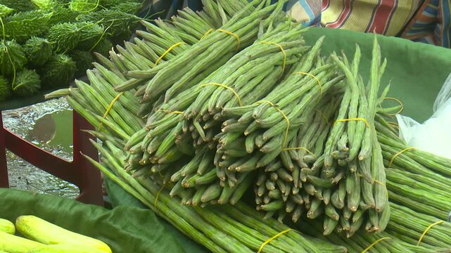 Fresh drumstick vegetables arranged in a local market