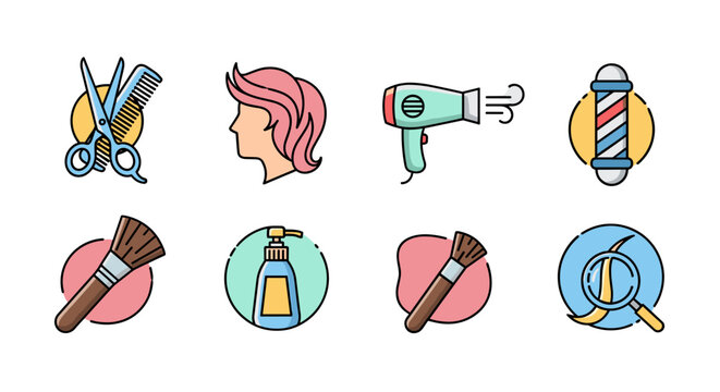 A vibrant collection of flat design icons representing hair salon and barber shop services, including scissors, comb, hairdryer, barber pole, makeup brushes, lotion dispenser, and a magnifying glass