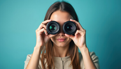 Young woman peers through camera lenses on a blue background. She is exploring new ideas, observing closely, and searching for inspiration with a curious expression.