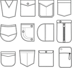 Pocket design vector illustration set, twelve technical garment styles with stitching, buttons, zippers, white background for fashion and tailoring concepts