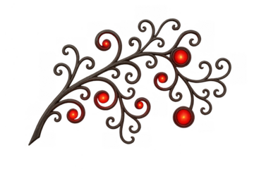 Ornate dark metal branch with red glowing gems, intricate swirls, decorative fantasy art on transparent background