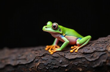 Naklejka premium Vivid green tree frog sits on dark rough bark. Bright orange feet grip wood, big eyes stare forward. Blue, pink underside contrasts stark black background. Amazing detail captures tiny creature