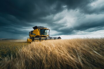 Obraz premium Wide-angle shot of combine harvesting rapeseed under moody overcast sky