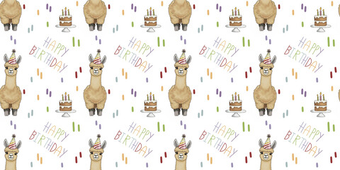 Seamless Birthday Pattern with Cute Alpaca, Cake, and Happy Birthday Text, Colorful Llama Design on Transparent Background for Kids and Party Decor
