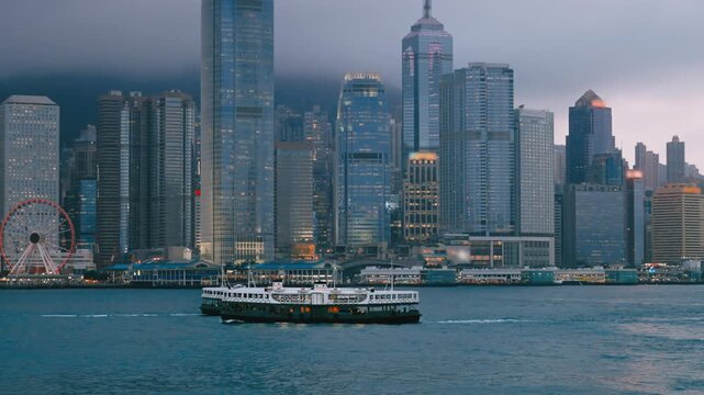 two ferry boats at sunset time, Hong Kong