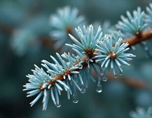 Close up of blue spruce branch after rain. Water drops cling to needles. Soft focus background creates a serene mood. Freshness and nature theme.