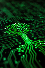 Close-up view of intricate green circuit board design showcasing glowing pathways and connections, emphasizing technology and innovation in electronic systems and digital communication