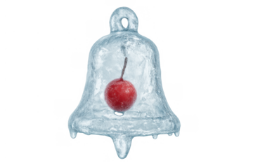 Ice bell with frozen cherry inside, symbolizing winter holidays and cold christmas decoration, transparent background
