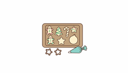 A festive baking scene with holidaythemed cookies out and arranged on a tray ready for decorating.
