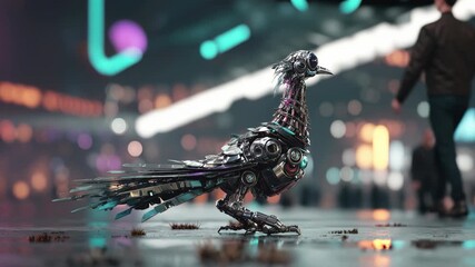 Mechanical pigeon walking on a wet street with glowing neon lights and people in the background, representing a blend of nature and cyberpunk technology in a futuristic urban environment - Powered by Adobe