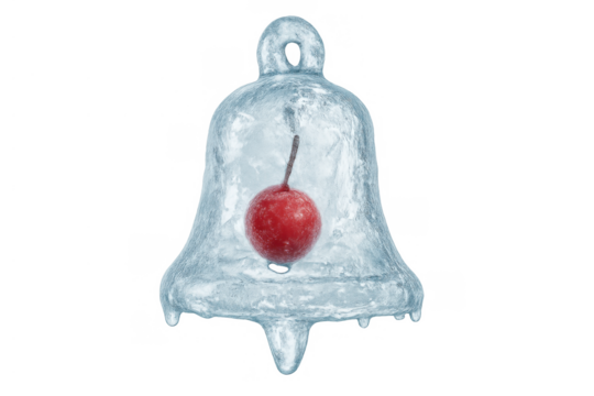 Ice bell with frozen cherry inside, symbolizing winter holidays and cold christmas decoration, transparent background