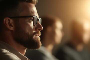 A contemplative man with a beard and glasses is seated in a warm, sunlit room. His gaze is fixed forward, suggesting focus or anticipation, in an audience. Meeting and conference attendees in the back