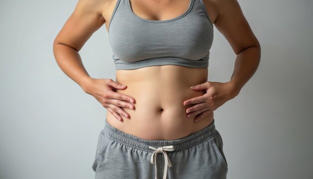 Woman holds her belly fat. Person feels self conscious about excess weight. She wants to lose fat, improve health and body image. Diet, exercise, wellness goals. - Powered by Adobe