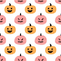 Cute Minimal Halloween Pumpkin Pattern, Pink and Orange Jack O Lantern Seamless Background