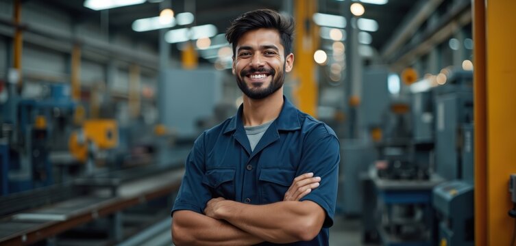 Smiling Latino worker stands with arms crossed in factory. Man wears blue uniform near industrial machines. Confident employee poses in workshop, representing manufacturing industry and labor.