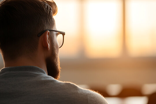 A contemplative man gazes out the window, lost in thought as the sun sets. His beard and glasses add a touch of sophistication to the simple yet profound moment. - Powered by Adobe