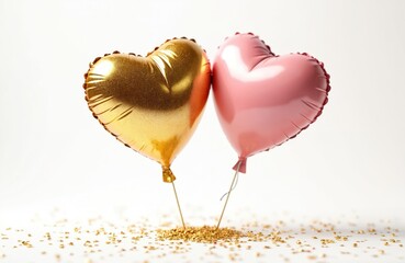 Fototapeta premium Two shiny heart shaped balloons, one gold and one pink, stand together on white. Golden confetti sparkles on the ground around them, perfect for celebrations.