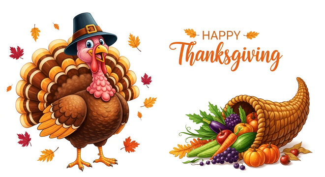 Illustration of festive Thanksgiving image, with cartoon turkey, autumn leaf and cornucopia filled with vegetable, fruit representing abundance, harvest