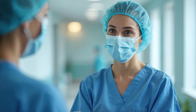 Medical staff in blue uniforms, surgical caps in clean hospital corridor. One nurse wears face mask looking attentively at colleague. Healthcare providers collaborate discussing patient treatment - Powered by Adobe