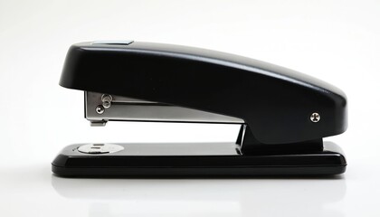 Black stapler sits isolated on clean white background. Essential office tool ready for binding documents. Features sleek design, combining plastic, metal parts. School, business use everyday object