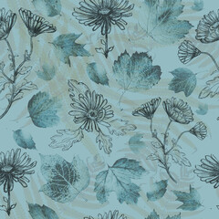 Seamless Blue Pattern with Flowers and Leaves