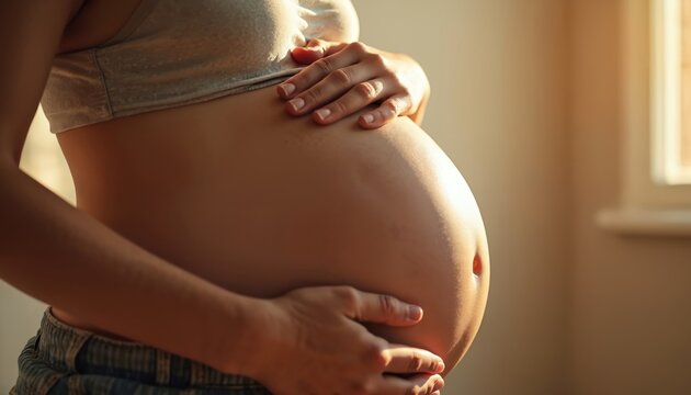 Pregnant woman holds large belly with hands. Expectant mother waiting for newborn baby. Female in late trimester of pregnancy preparing for childbirth. Future parent embraces tummy at home in morning